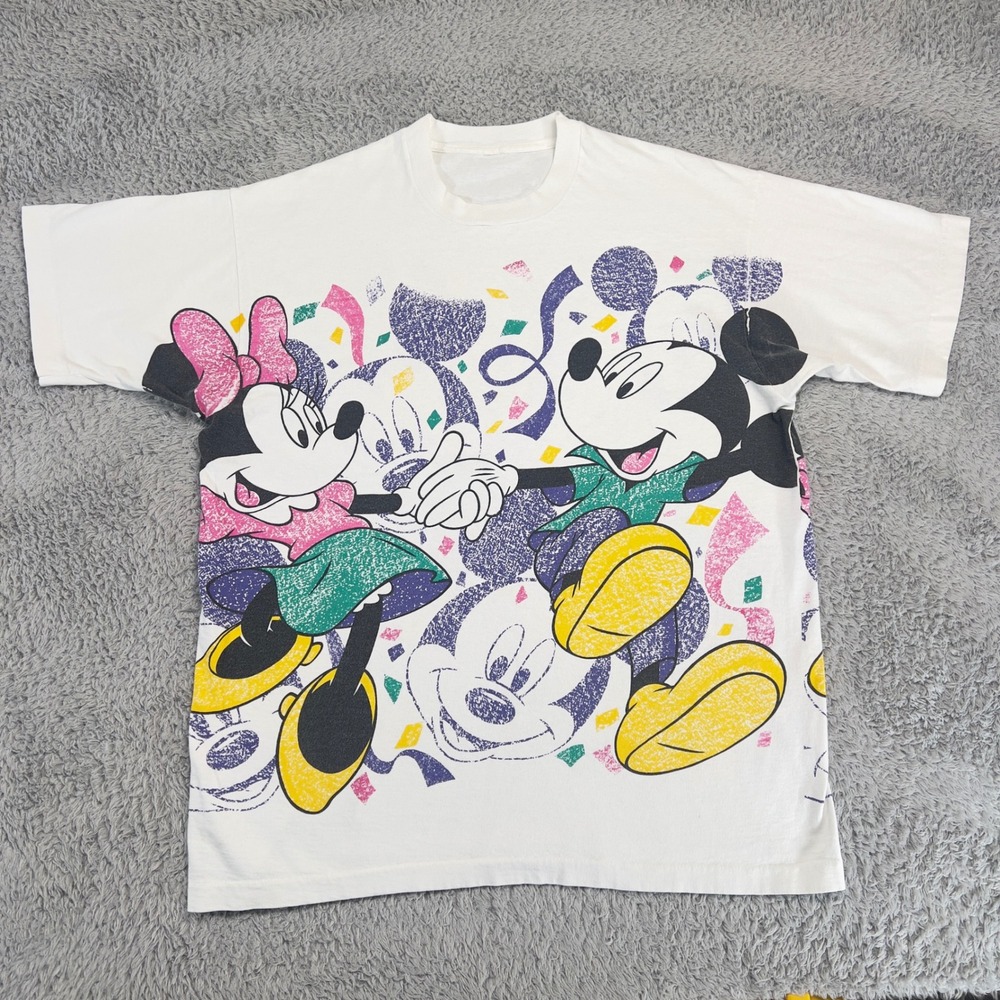 Vintage Mickey Minnie Mouse All Over Print T Shirt White Mens XL 90s Graphic Tee